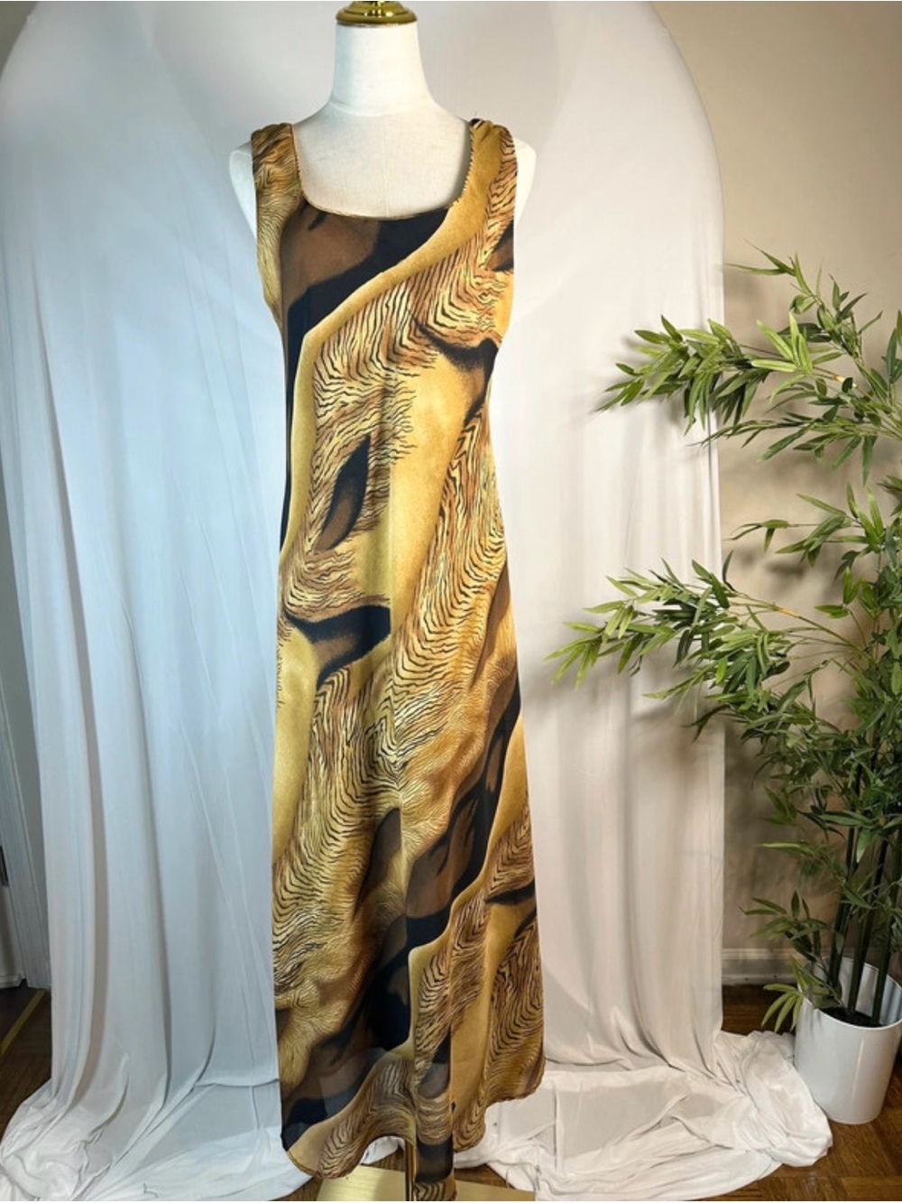 Vintage Jessica Howard Tiger Print Maxi Dress | Sleeveless Scoop Neck
